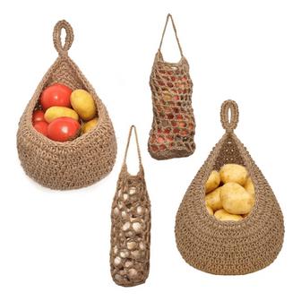 Jute Fruit Basket Boho Hanging Wall Basket for Kitchen Set of 4 | Rusticozy