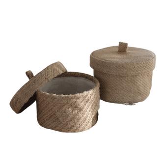 Jute Storage Basket Set of 2 Round Small Seagrass Baskets with Lid home Decor | Rusticozy