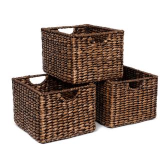 Brown Seagrass Baskets For Shelves Set of 3 Large Hyacinth Baskets Pantry Bathroom Shelves Organization | Rusticozy