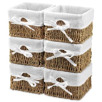 Brown Small Seagrass Storage Cubes Set of 6 Organizer Bins with Liner Room Decor | Rusticozy DE