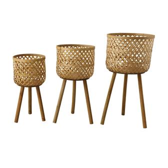 Brown Round Bamboo Flower Plant Basket with Wood Legs Set of 3 Home Decor | Rusticozy