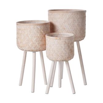 White Round Bamboo Flower Plant Basket with Wood Legs Set of 3 Home Decor copy | Rusticozy