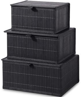 Black Rectangular Bamboo Basket With Lid Set of 3 Decorative Storage Boxes | Rusticozy UK