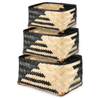 Black and Natural Rectangular Bamboo Laundry Baskets Set of 3 Organization Boho Basket Bins | Rusticozy