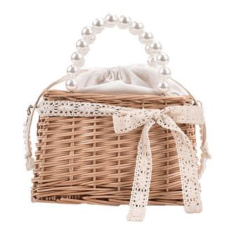 Brown Rectangle Wicker Bag with Pearl Ornaments Straw Bag for Women Summer Hobo Purse Gift For Her | Rusticozy