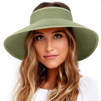 Army green Straw Hat Wide Brim Straw Roll Up Ponytail Summer Beach Hat UV UPF Packable Foldable Travel | Rusticozy
