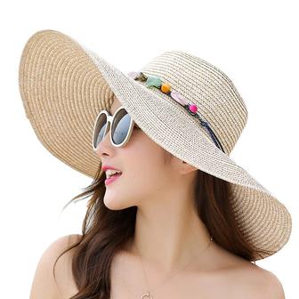Beige Large Straw Hat Bowknot Floppy Foldable Roll up Beach Cap Sun Hat Summer UV Protection | Rusticozy