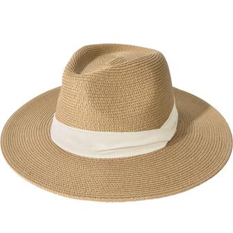 Khaki Beige Medium Straw Hat Wide Brim Straw Panama Hat Summer Beach Sun Hat UPF | Rusticozy