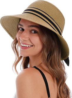 Cream and Brown Large Straw Hat UV Protection Large Wide Brim Hat Women Packable Sun Hat | Rusticozy