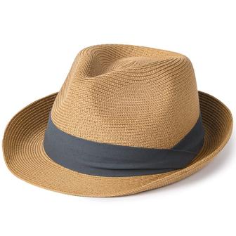 Khaki Blue Fedora Straw Hat for Unisex Foldable Roll Up Short Brim Trilby Hat Panama Beach Hat UPF 50+ | Rusticozy