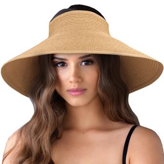 Khaki Straw Hat Foldable Wide Brim Straw Sun Visors for Women Adjustable Topless Beach Hat Sun Protection | Rusticozy