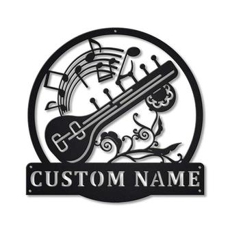 Personalized Sitar Music Monogram Metal Sign, Custom Name, Sitar Music Monogram Metal Sign, Sitar Music Gifts, Custom Musical Instrument Sign - Seseable