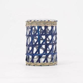 Medium dark blue glass and seagrass candle holder candle cup cup for candle | Rusticozy AU