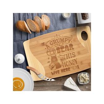 A Grumpy Old Bear and His Honey Live Here Bamboo Cutting Board Funny Kitchen Decor Birthday Christmas Housewarming Gift Men Husband Couple | Mazezy