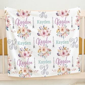 Baby Girl Name Blanket, Boho Floral Arrows Blanket, Purple and Pink Floral, Personalized Baby Blanket | Mazezy