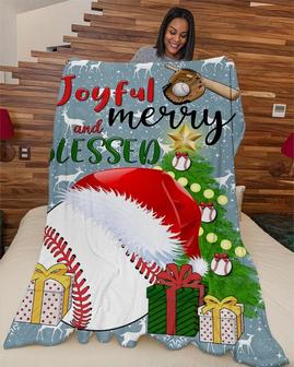 Baseball Blankets, Joyful And Blessed Blanket, Baseball santa hat christmas tree blankets, Christmas blankets, Baseball mom, son gifts | Mazezy