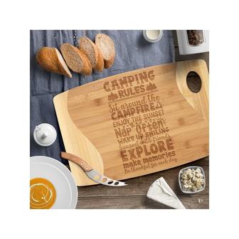 Camping Rules Bamboo Laser Etched Cutting Board, Camping Cutting Board, Sink Cover Cutting Board, Two Tones Bamboo Cutting Board