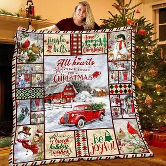 Christmas Blanket, All Hearts Come Home For Christmas, Blanket for Family, Fleece Sherpa Blankets, red truck tree Christmas, blanket for mom | Mazezy UK