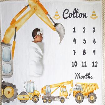 Construction Milestone Blanket, Dump Truck Baby Boy Milestone Blanket, Crane Baby Age Blanket, Excavator Growth Tracker Blanket | Mazezy