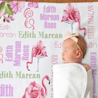 Custom Flamingo Baby Blanket with Name, Personalized Baby Girl Blanket, Pink Flamingo Floral Name Blanket, Baby Girl Name Blanket | Mazezy