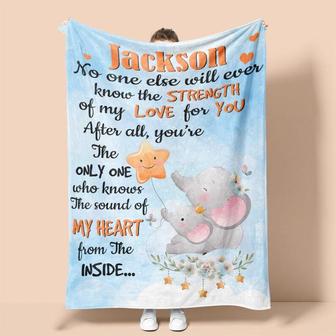 Custom Name Strength Of Love From Mom Elephant Blue| Fleece Sherpa Woven Blanket| Personalized Gifts For Son, Grandson, Birthday Gift | Mazezy UK