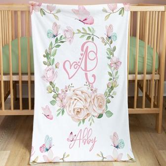Floral Personalized Baby Blanket, Butterfly Monogram Baby Blanket, Girl Name Blanket, Monogram Blanket | Mazezy