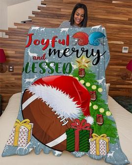 Football Joyful And Blessed Blanket, football santa hat christmas tree blankets, Christmas blankets, football mom, gifts for son | Mazezy