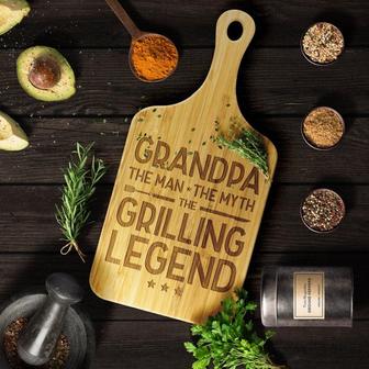 Grandpa the Man the Myth the Grilling Legend Bamboo Cutting Board with Handle Laser Engraved Birthday Christmas Gift for Men Grandfather | Mazezy