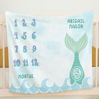 Mermaid Milestone Blanket, Ocean Monthly Blanket, Personalized Baby Blanket, Mermaid Swaddle, Baby Shower Gift | Mazezy