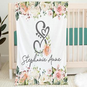 Personalized Baby Name Blanket, Baby Girl Name Blanket, Pink Floral Monogram Blanket, Custom Name Baby Shower Gift, Floral Baby Name Blanket | Mazezy