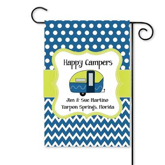 Personalized Happy Campers Blue Garden Flag, Camping Family Gift, Custom Name Garden Flag | Mazezy