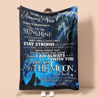 Personalized To My Amazing Son Love From Mom Wolf| Fleece Sherpa Woven Blankets| Gifts For Son | Mazezy