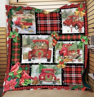 Red Truck Christmas Blanket, Blanket for Mom, Fleece Sherpa Blankets, Merry and Bright, Christmas tree, Car and tree Christmas, Family gift | Mazezy