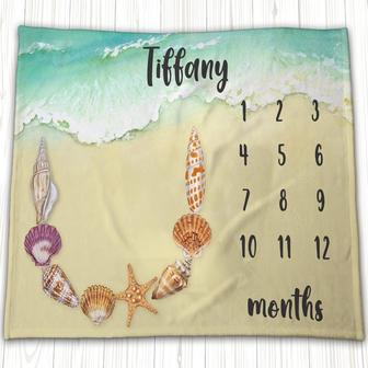 Seashell Starfish Beach Milestone Blanket, Personalized Baby Milestone Blanket, Baby Boy Month Blanket, Sea Shore Blanket | Mazezy