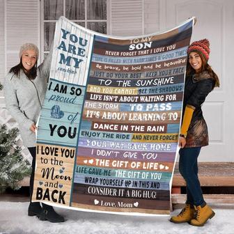 To My Son Love You To The Moon And Back Love From Mom Blanket, Fleece /Sherpa/ Mink Blankets, Christmas Gift For Son, For Boy | Mazezy