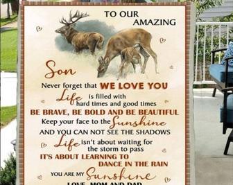 To Our Amazing Son Deer Blanket, we love you blanket from Mom and Dad, Fleece Sherpa blanket, Christmas gifts, size 30"x40",50"x60",60"x80" | Mazezy