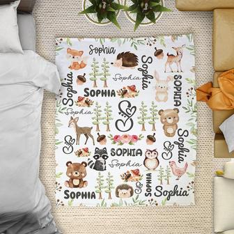 Woodland Animals Baby Blanket, Personalized Forest Theme Name Blanket, Personalized Baby Girl Gift, Woodland Animals Baby Bedding | Mazezy