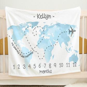 World Map Milestone Blanket, Personalized Adventure Baby Blanket, Travel Monthly Blanket, Baby Growth Blanket, Baby Girl Boy Blanket | Mazezy