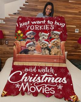 Yorkies Hug and Xmas movie Blanket, I just want to hug Yorkies blankets, Christmas blankets, Yorkies Christmas gifts, Yorkies mom, Dog mom | Mazezy UK