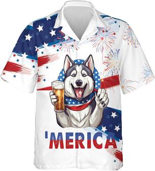 American Flag Hawaiian Shirt for Men - Patriotic Dog Mens Hawaiian Shirts Short Sleeve Button Down Shirt Men - Seseable