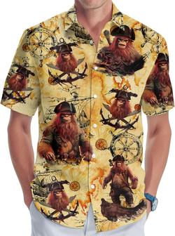 Bigfoot Men's Button Shirt, Sasquatch Unisex Hawaiian Shirt, American Monster Bigfoot Pirate - Seseable