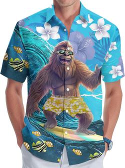 Bigfoot Men's Button Shirt, Sasquatch Unisex Hawaiian Shirt, American Monster Print T-Shirt for Women, Bigfoot Summer - Seseable