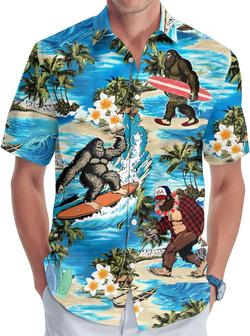 Bigfoot Men's Button Shirt, Sasquatch Unisex Hawaiian Shirt, American Monster Bigfoot Surfing - Seseable