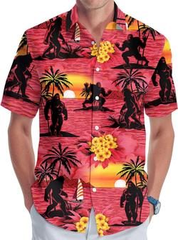 Bigfoot Men's Button Shirt, Sasquatch Unisex Hawaiian Shirt, American Monster Print T-Shirt for Women, Bigfoot Sunset - Seseable