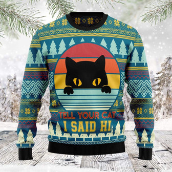 Cat Say Hi Christmas Funny Holiday Green Ugly Sweater - Thegiftio UK