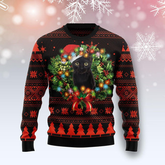 Cute Black Cat Red Christmas Tree Ugly Sweater - Thegiftio UK