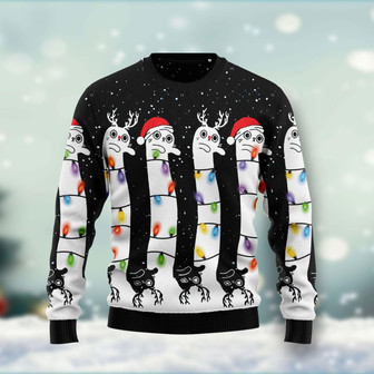 Long Cat Christmas Funny Holiday Black White Ugly Sweater - Thegiftio