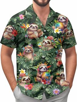 Men's Hawaiian Shirt, Short Sleeve Button Shirt for Unisex, Summer Casual T-Shirt for Women, Tropical Sloth - Seseable