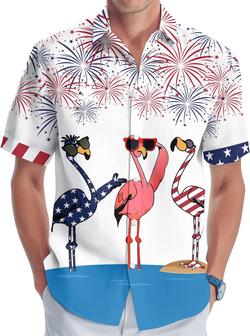 Men's Hawaiian Shirt, Short Sleeve Button Shirt for Unisex, Summer Flamingo Patriot - Seseable
