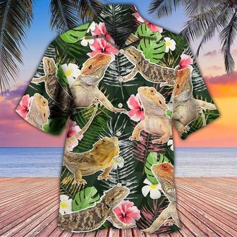 Bearded Dragon Hawaiian Shirt For Summer, Tropical Leaves, Dragon Hibiscus Pattern Hawaiian Shirts Outfit For Men Women, Bearded Dragon Lovers - Seseable